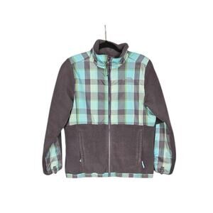 The North Face Gray & Teal Plaid Denali Fleece Jacket Full Zip Girls XL